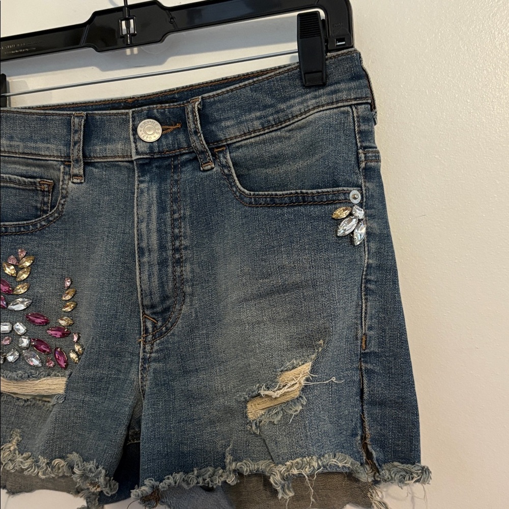 Express Distressed High Rise Boho Cut Off Denim Shorts w/ Rhinestone Details 0 - Picture 6 of 12